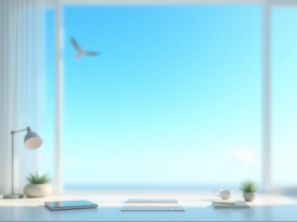 A minimalist workspace overlooking a blue sky with a bird soaring in the distance, representing freedom and productivity.